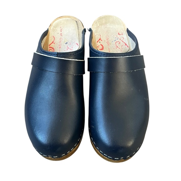Vintage Wooden Sole Navy Leather Slip On Scandinavian Style Clogs EU 40 USA 9 - Picture 4 of 9